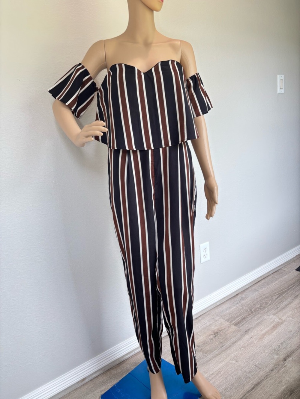 SHEIN Off-Shoulder Striped Jumpsuit in Black White & Brown - Picture 2 of 16